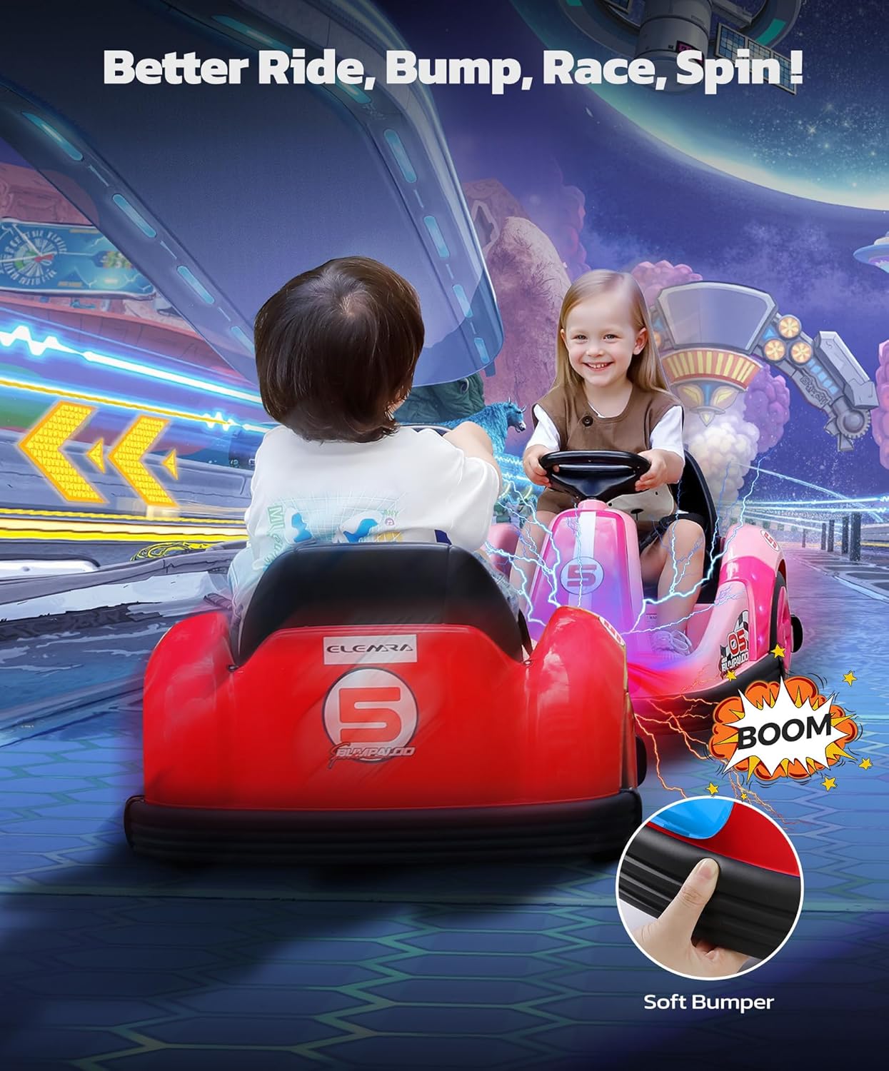 ELEMARA Bumper Cars for Kids with Big Wheels, 2.2 Mph, 12v Electric Ride On Toys with Remote