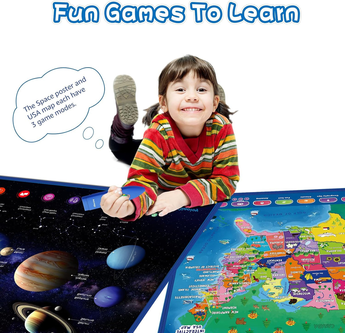 Bilingual Interactive for Kids Talking USA Map Solar System Poster for Kids Learning and