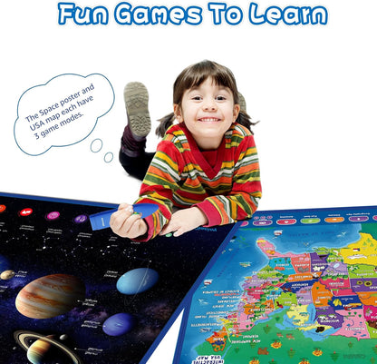 Bilingual Interactive for Kids Talking USA Map Solar System Poster for Kids Learning and