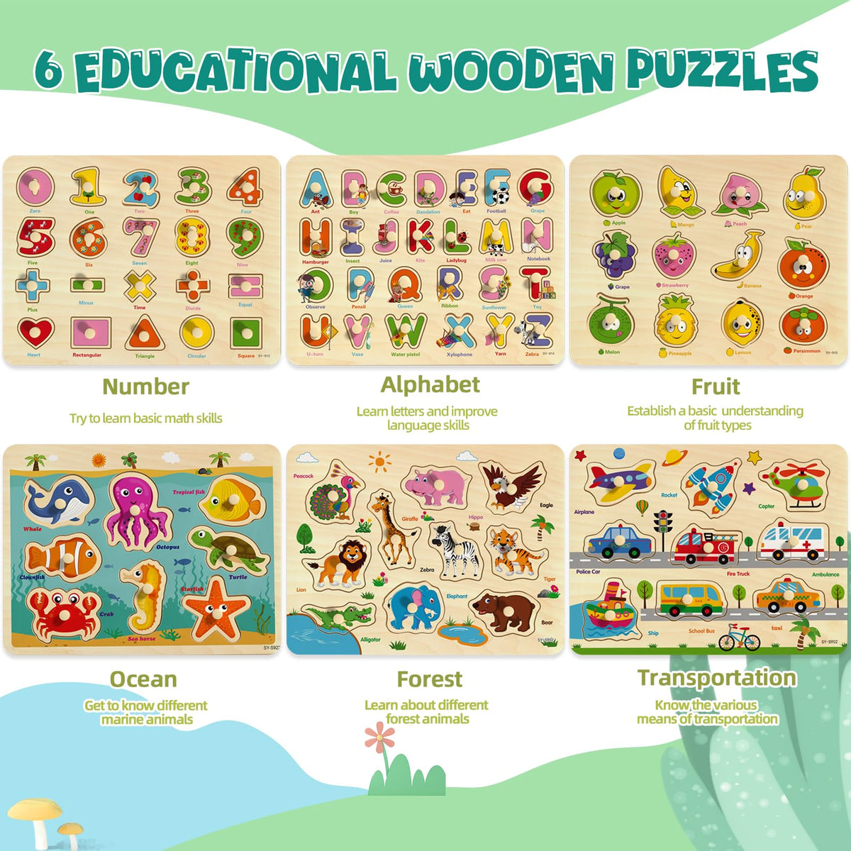 edutree Wooden Peg Puzzles for Toddlers 2-4, 6 Pack Educational Peg Puzzles Montessori Toys