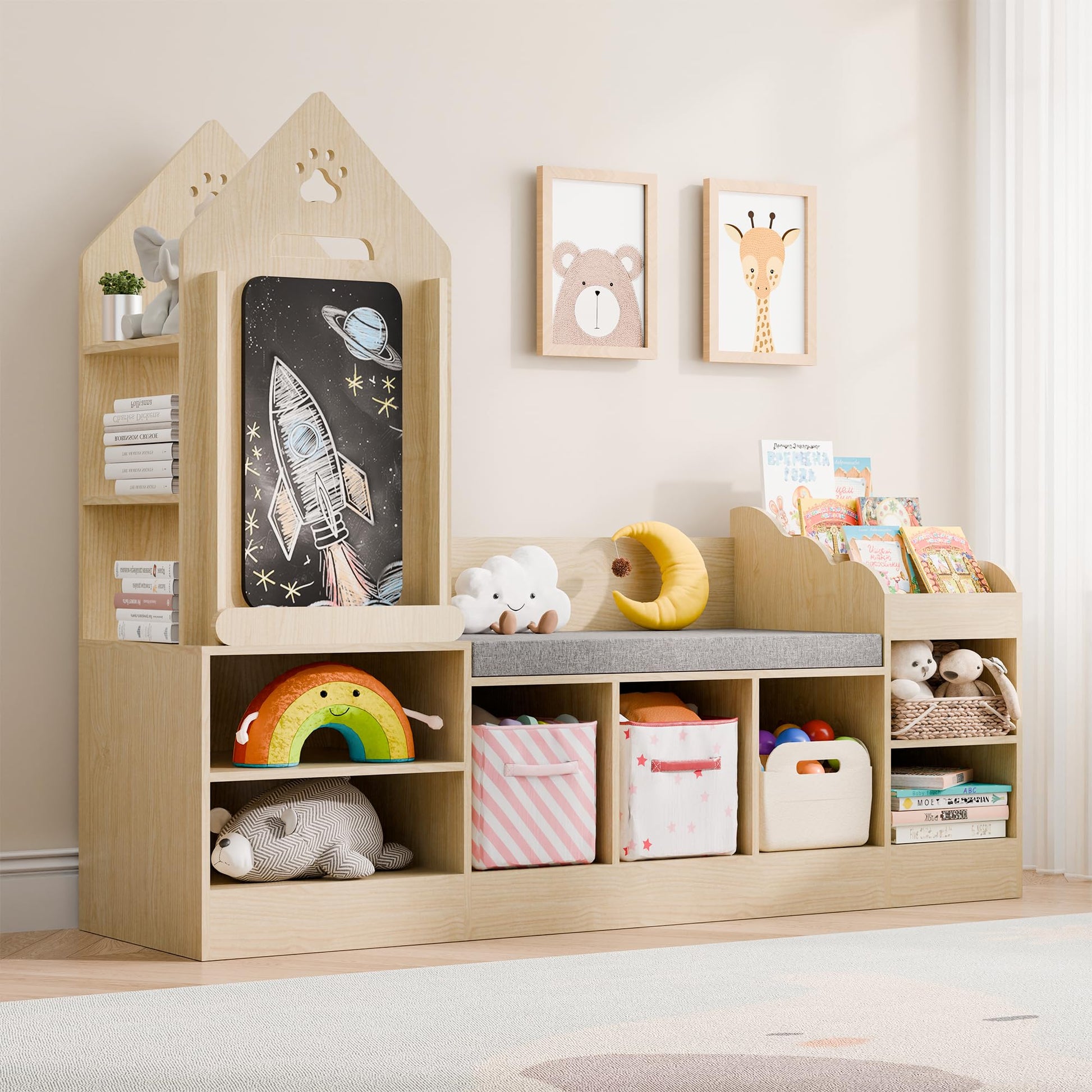 MU Kids Bookshelf with Reading Nook, Wooden Toy Storage Organizer with Chalkboard and Bench, Kids
