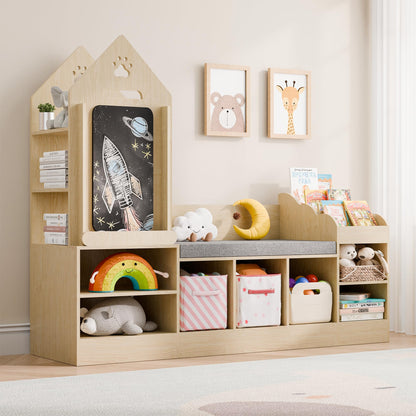 MU Kids Bookshelf with Reading Nook, Wooden Toy Storage Organizer with Chalkboard and Bench, Kids