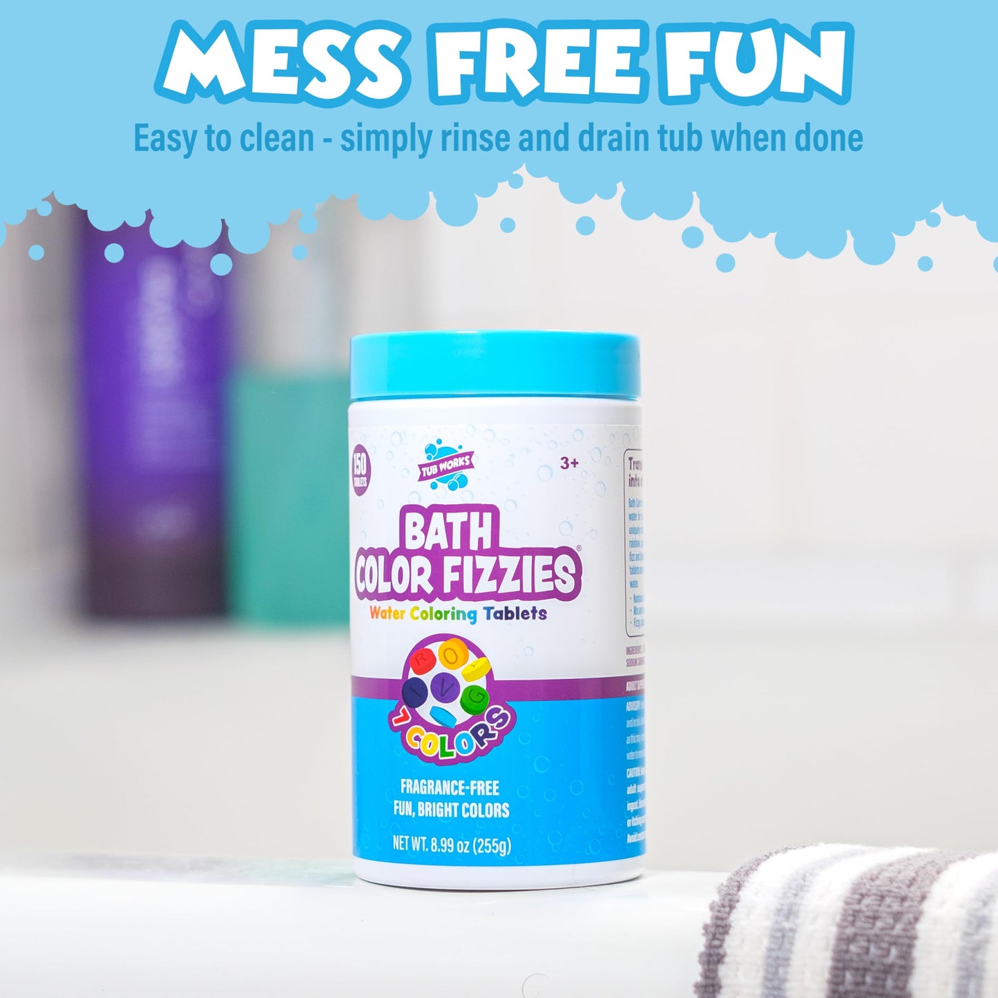 Tub Works® Bath Color Fizzies, 150 Count | Nontoxic & Fragrance-Free | Fizzy, Bath Color Tablets
