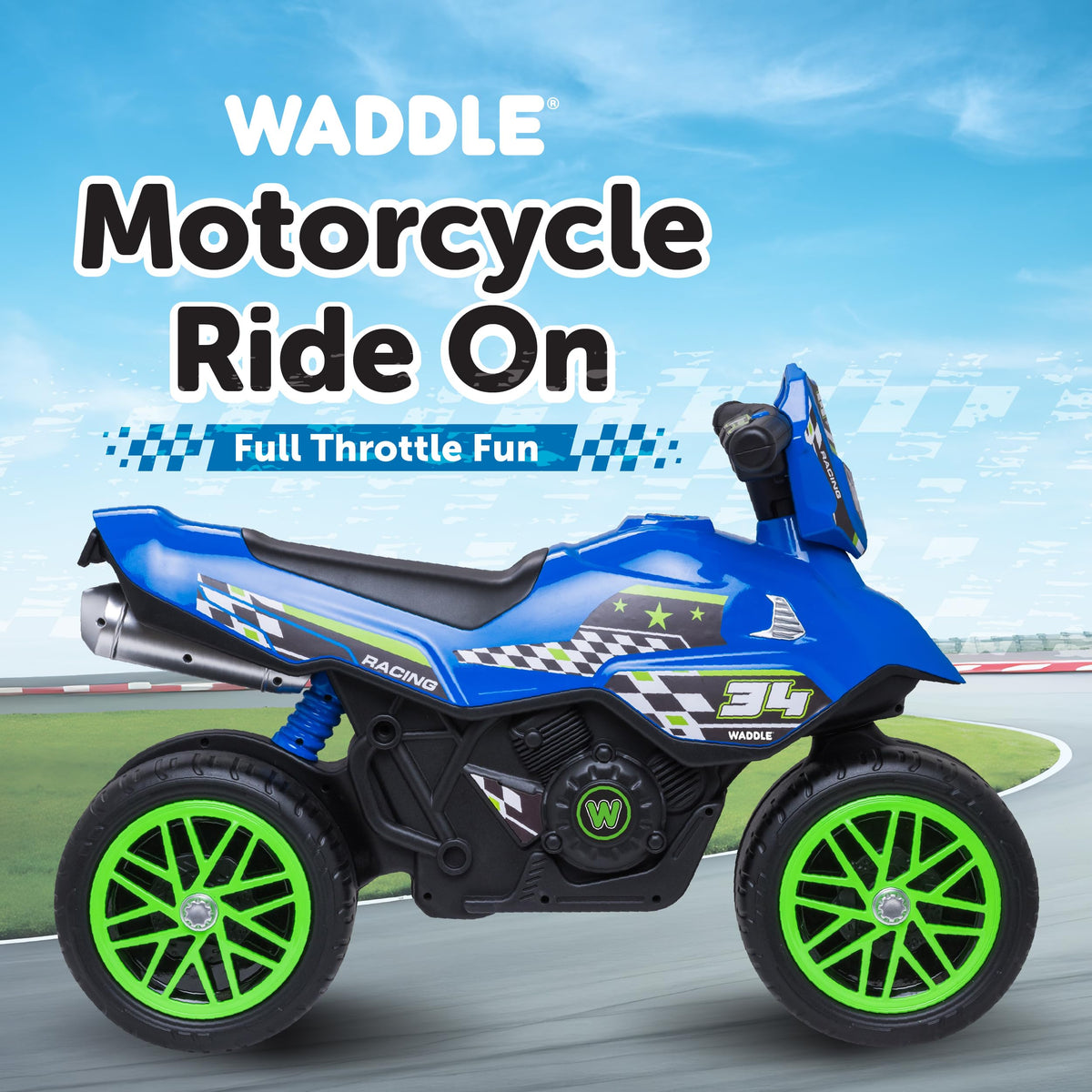Waddle Kids Motorcycle Balance Bike - Toddler Ride on Toys w/Sounds, Wide Wheel Base, Rubber Coated