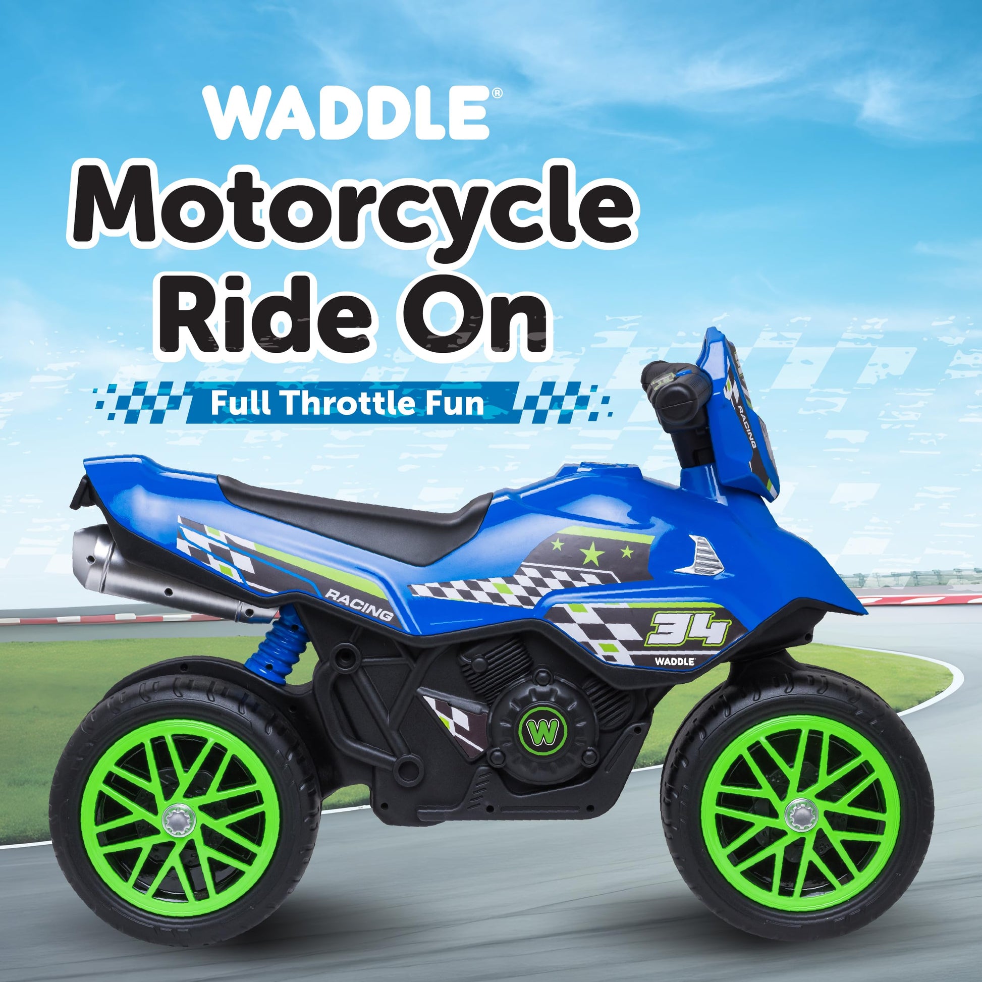 Waddle Kids Motorcycle Balance Bike - Toddler Ride on Toys w/Sounds, Wide Wheel Base, Rubber Coated