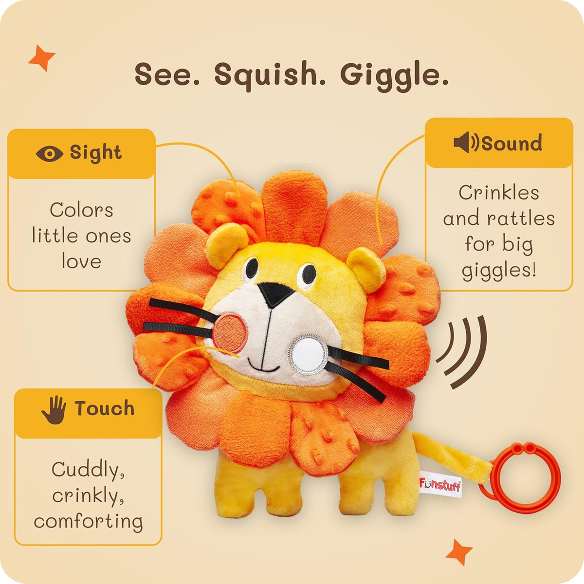 Roary The Lion Crinkle Toy for Baby - Sensory Tummy Time Toys - Plush Stuffed Animal with Teething