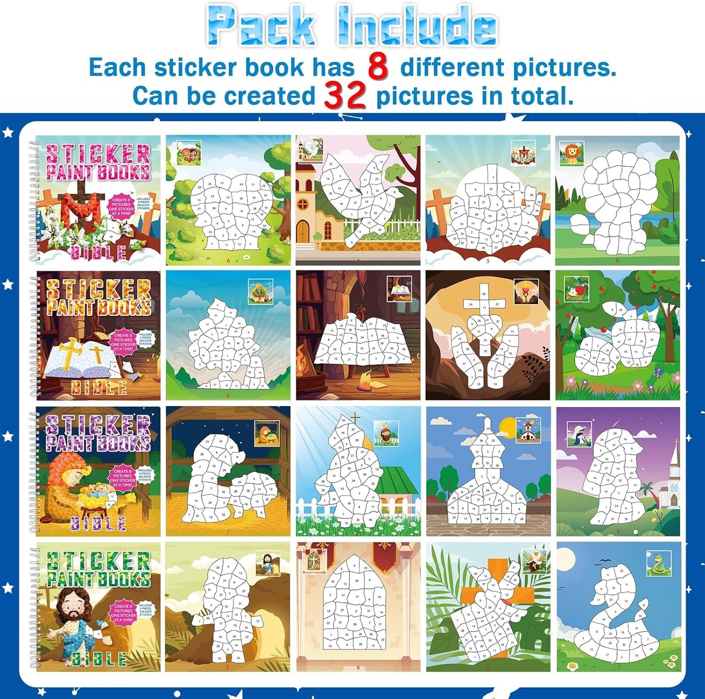 4Pcs Bible Paint by Sticker Books Sticker by Number Books Activity Book Stickers Puzzle Book
