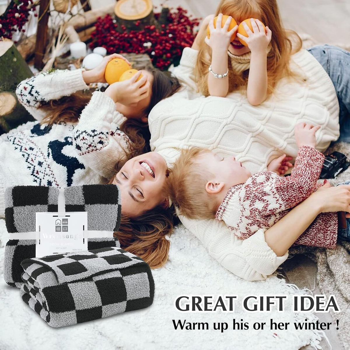 WRENSONGE Checkered Throw Blanket, Black Grey Checkered Soft Cozy Fluffy Warm Hand Made Throw