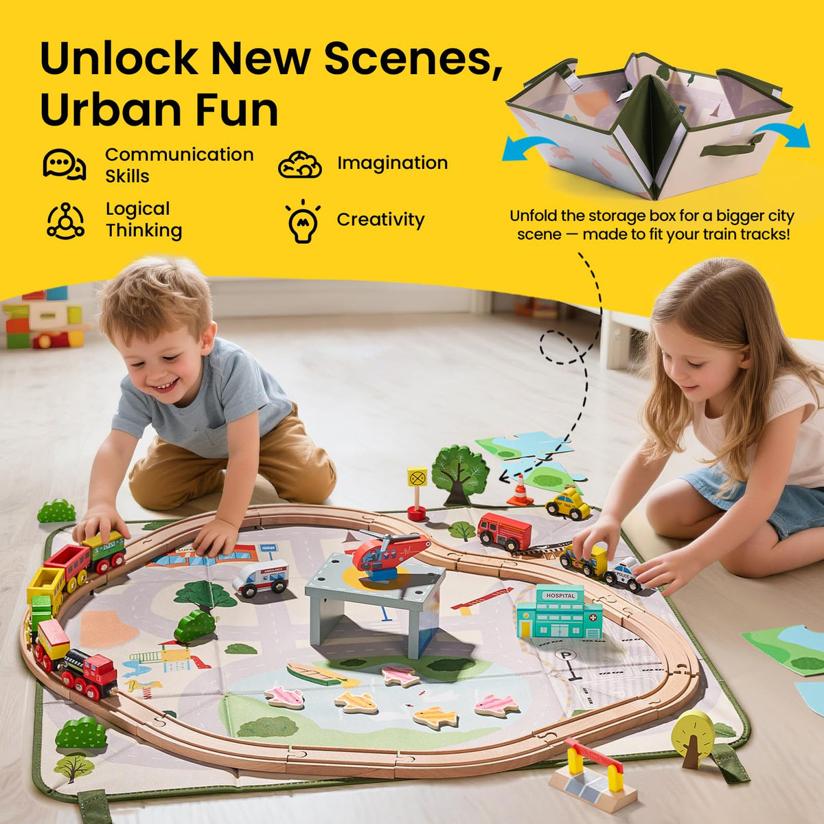 Tiny Land 110pcs Wooden Train Set with Folding Storage Box