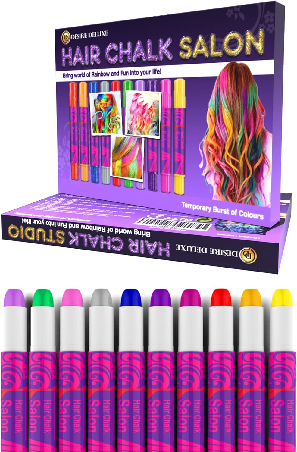 Desire Deluxe Hair Chalk for Girls Makeup Kit of 10 Temporary Colour Pens Gifts, Great Toy for Kids