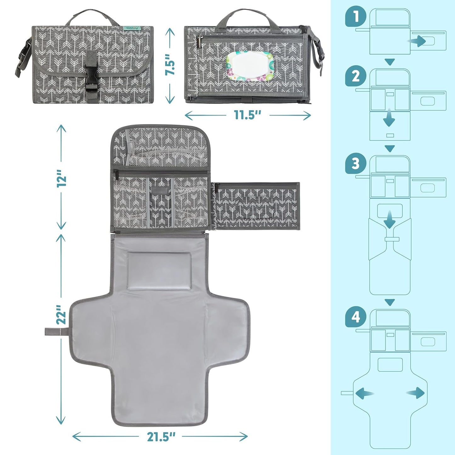 Kopi Baby Portable Diaper Changing Pad - Baby Diaper Changer Travel Bag with Wipes Pocket, Smart