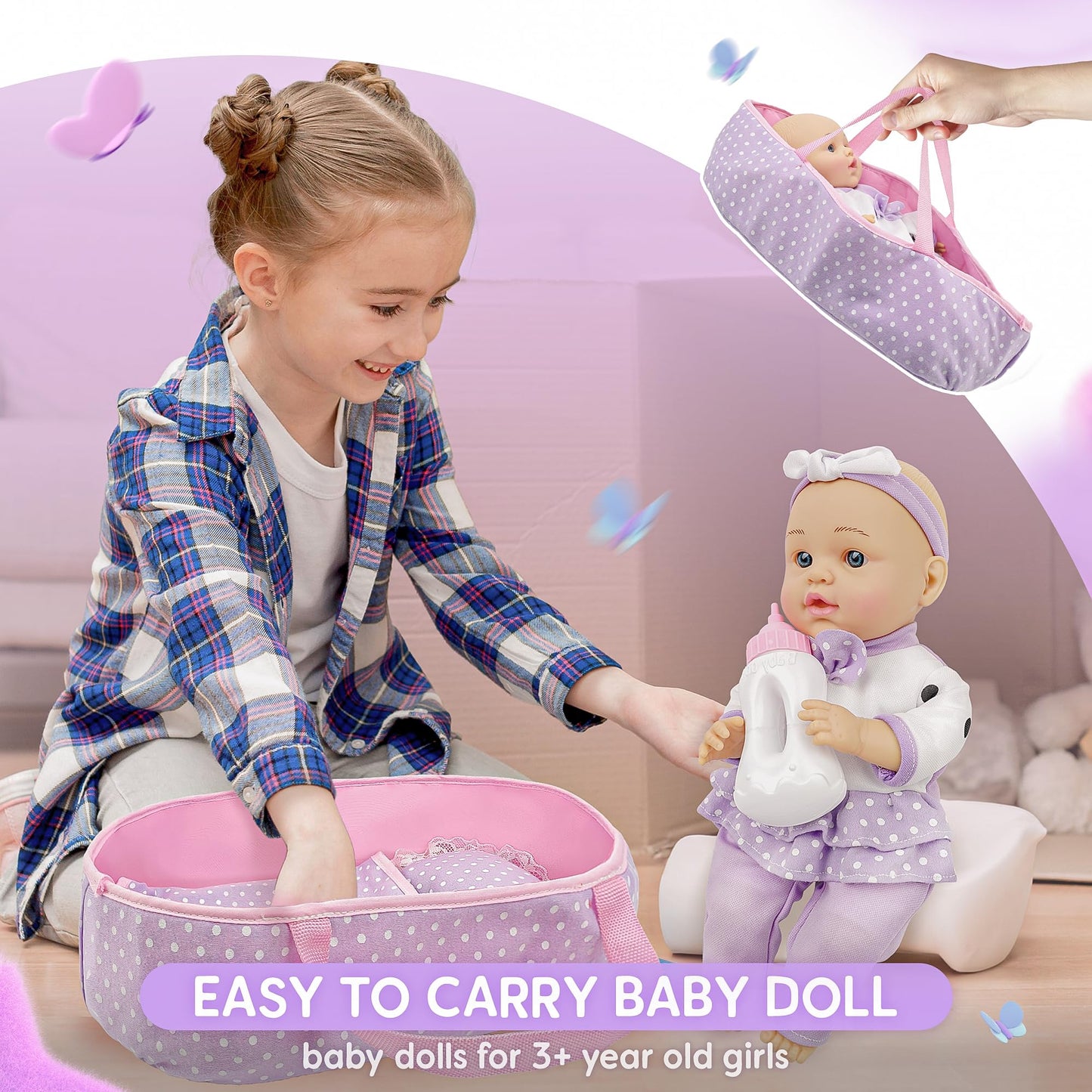 SMILESSKIDDO Baby Doll with Carrier Bassinet Bed 12" Dolls Playset Toddler