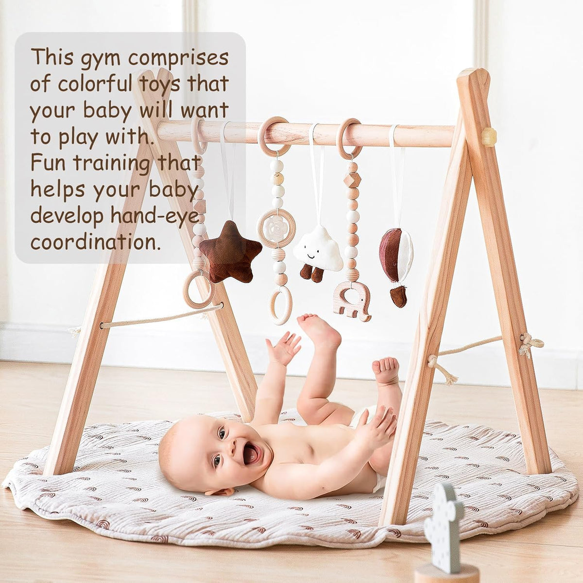 Wooden Baby Play Gym with Mat, Foldable Baby Play Gym Frame Activity Gym Hanging Bar with 6 Gym