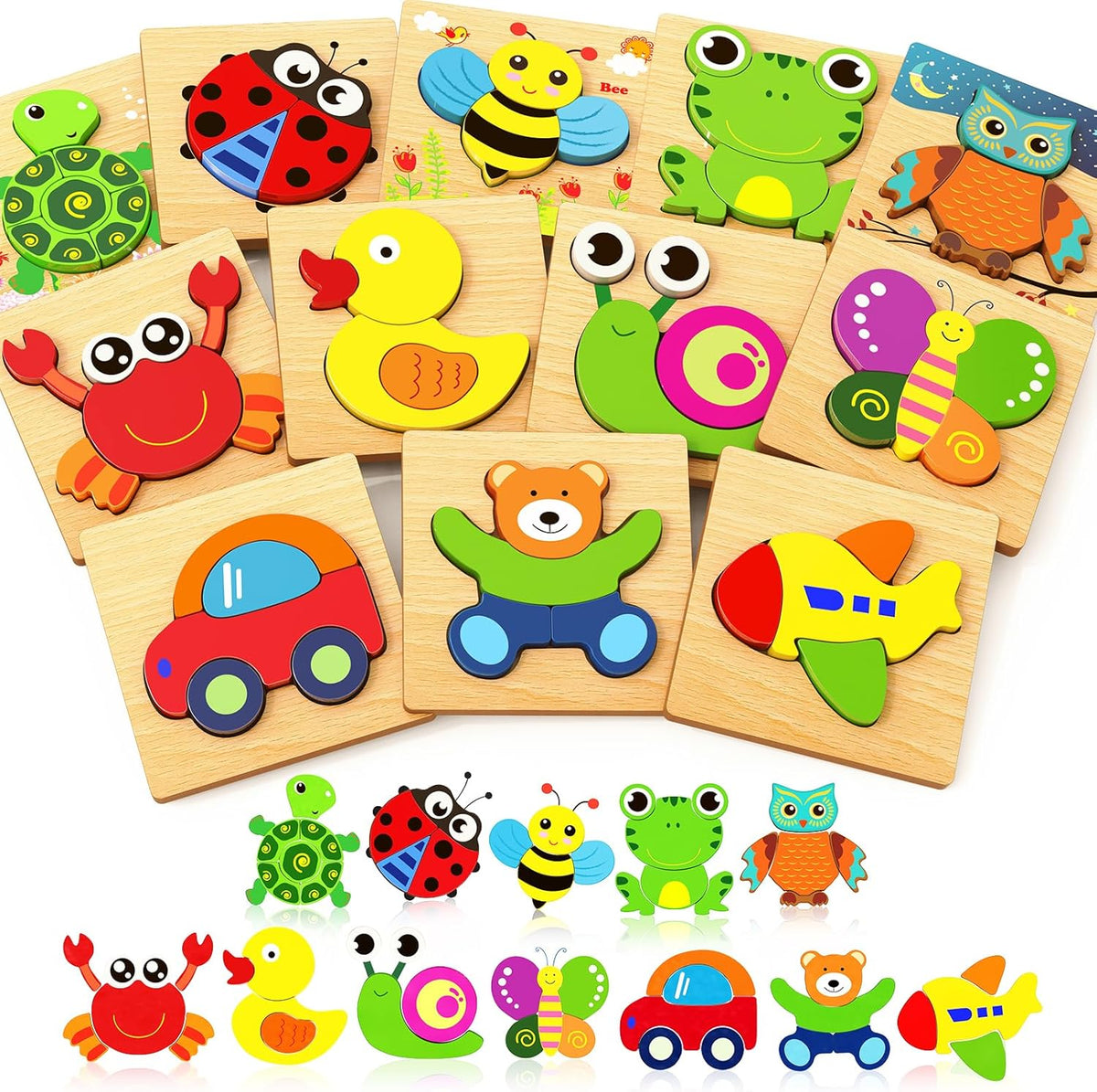 Bekayshad Wooden Puzzles Toddler Toys Gifts for 1 2 3 Year Old Boys Girls, 12 Pack Animal Jigsaw