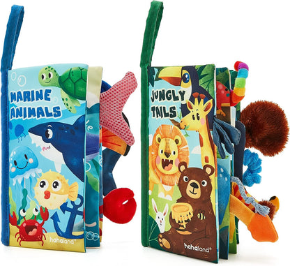 hahaland Baby Toys 0-6 Months - Crinkle Books for Babies 2PCS, Cloth Texture Tails Sensory Book