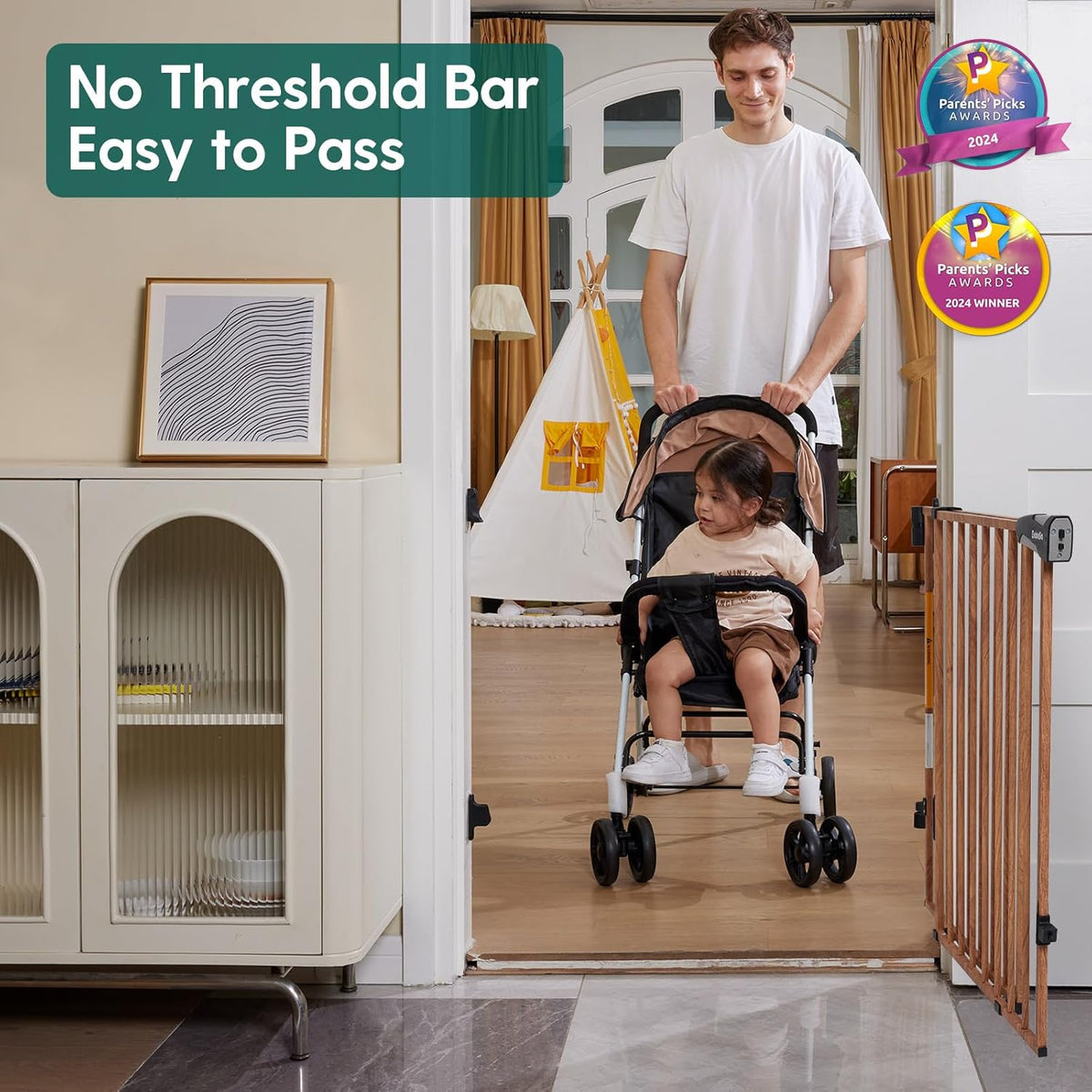 Babelio 34" Extra Tall Baby/Dog Gate with No Threshold Design Walk Thru Door, 26-43" Auto Close