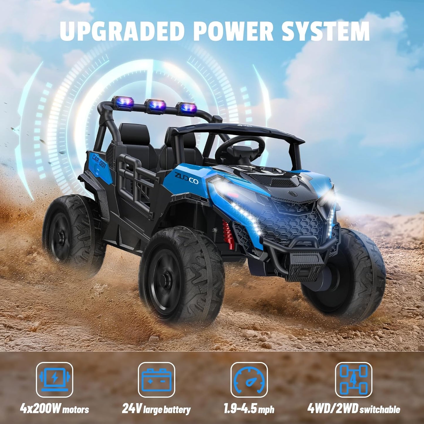 24V 2 Seater Ride on Car Truck, 4x200W, EVA Tires, 4WD/2WD, Remote Control, Rainbow Lights, Shock