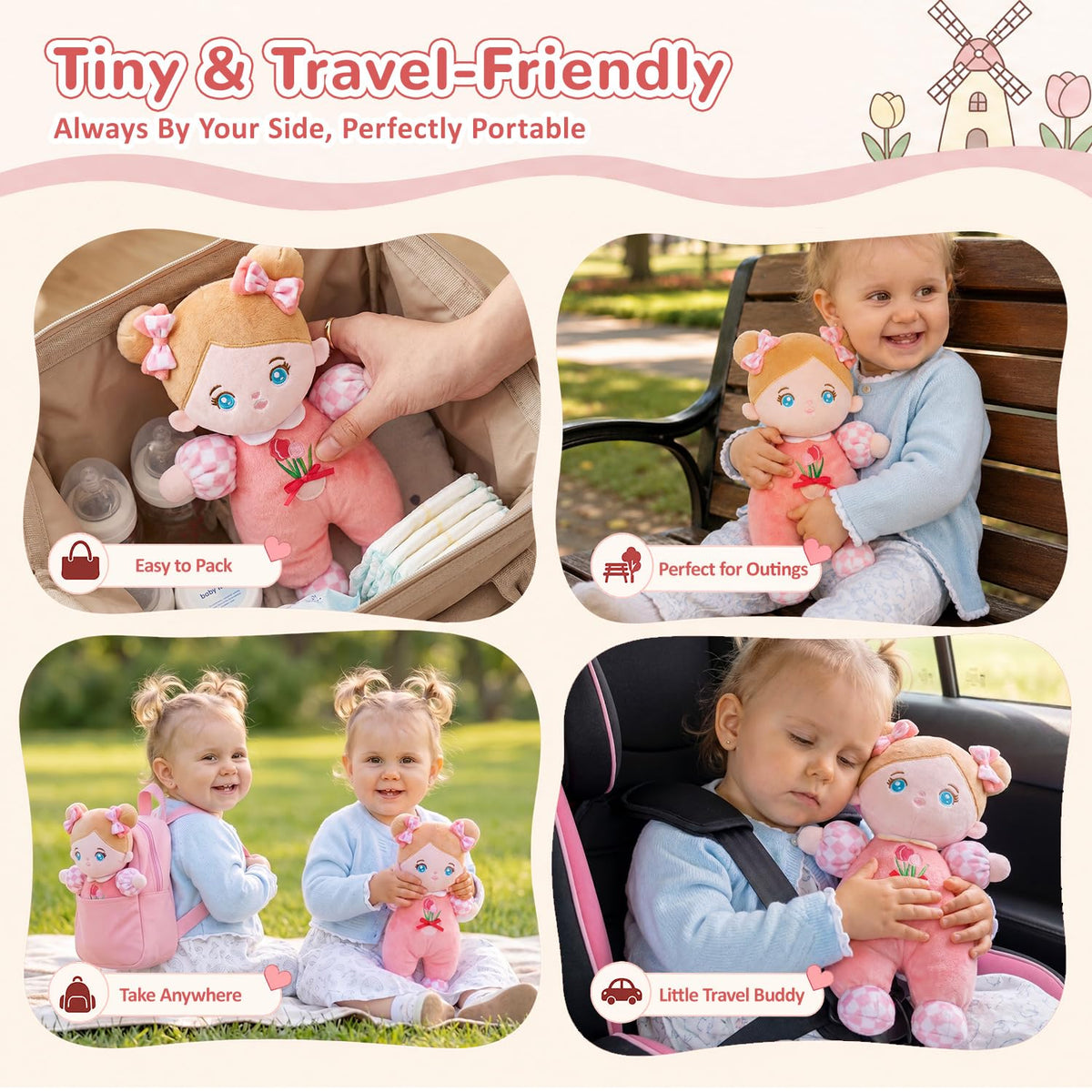 OUOZZZ Soft Plush Baby Doll 10" Tulip Pink Snuggle Buddy