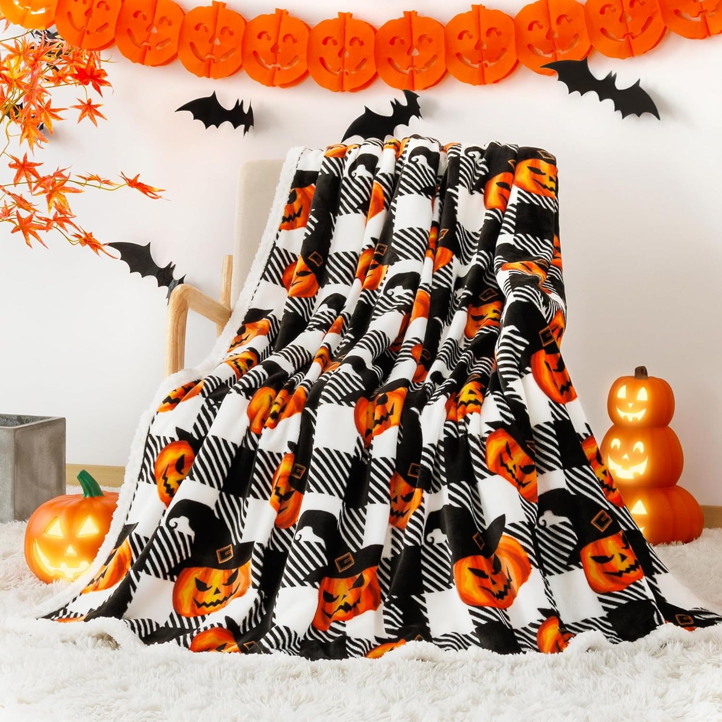 Touchat Halloween Blanket Twin Size 60" X 70"，Pumpkin Sherpa Fall Fuzzy Fluffy Soft Cozy Blankets