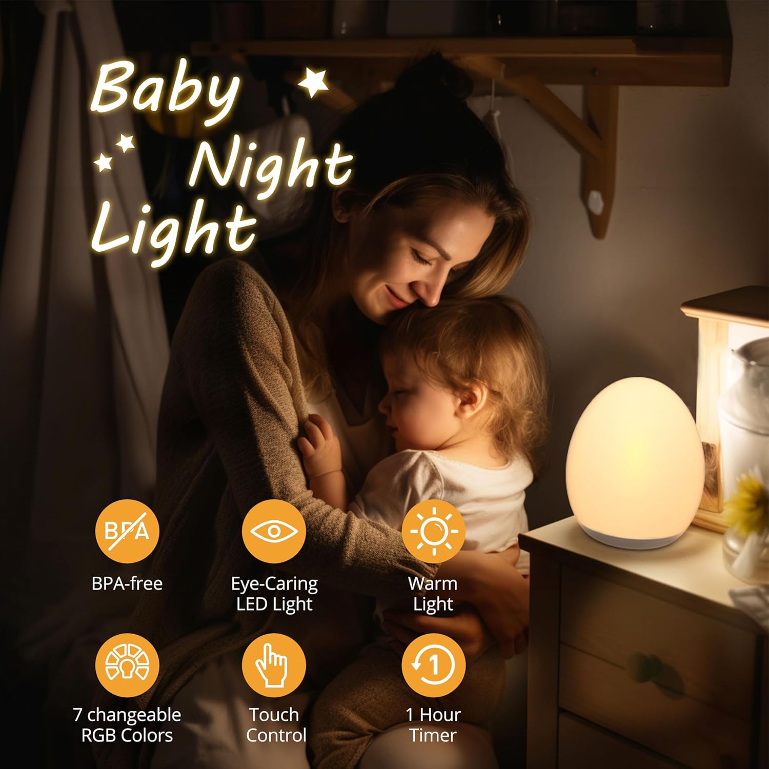 JolyWell Night Light for Kids, Baby Egg Light with 7 Colors Changing Mode & Stepless Dimming