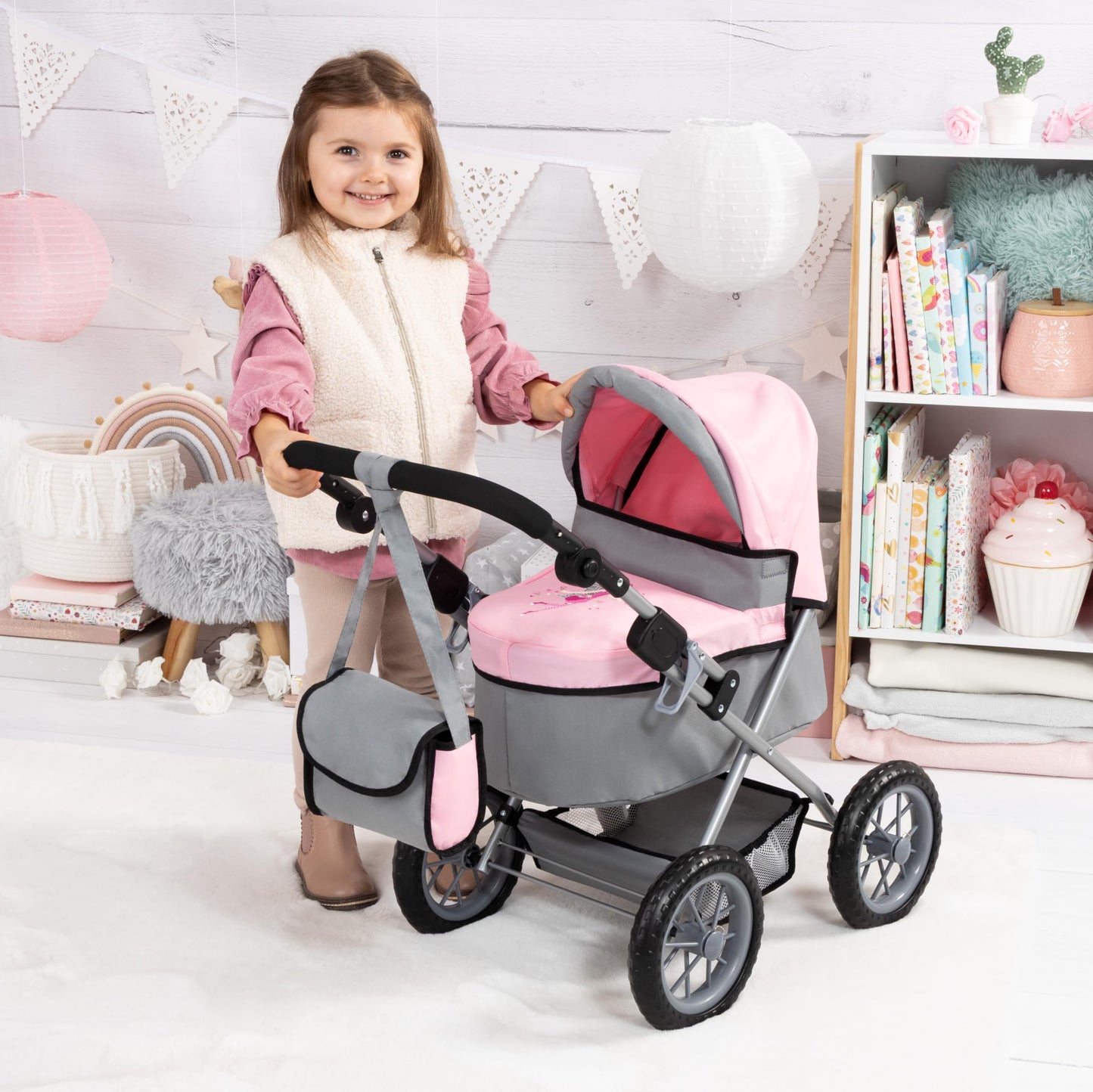 Bayer Design Baby Doll Stroller & Pram for Kids Ages 2-8, Grey/Pink