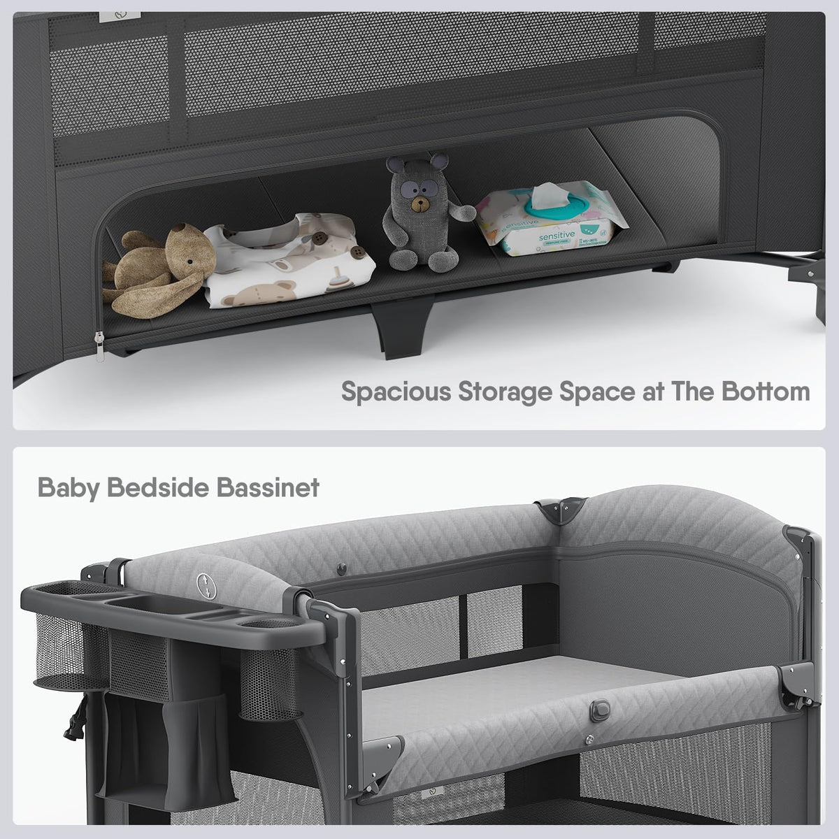4 in 1 Baby Bassinet, Pack and Play, Bedside Crib Sleeper, Diaper Changer - Comes with Mattress