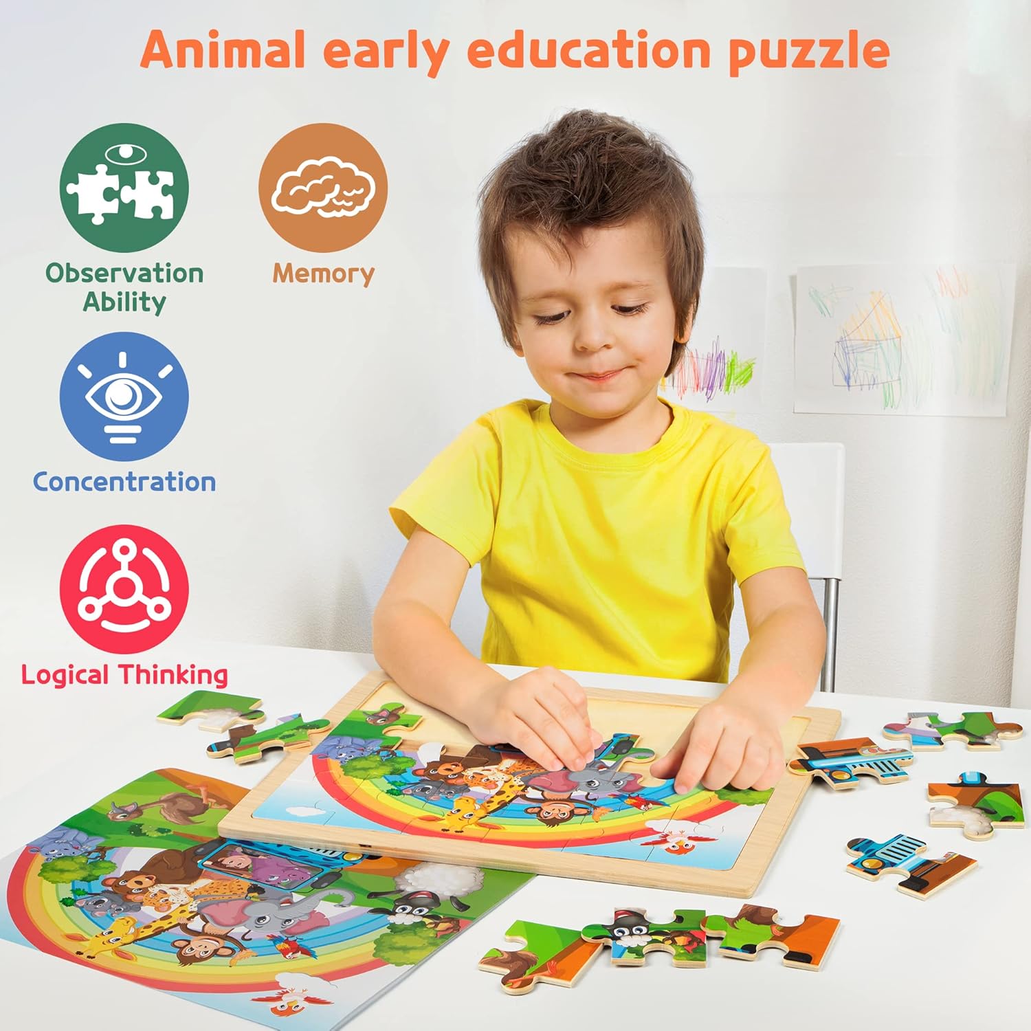 SYNARRY Large Animals Wooden Puzzles for Kids 4 in 1 Gift Box(12.2 * 9.4 in) - FSC Certified