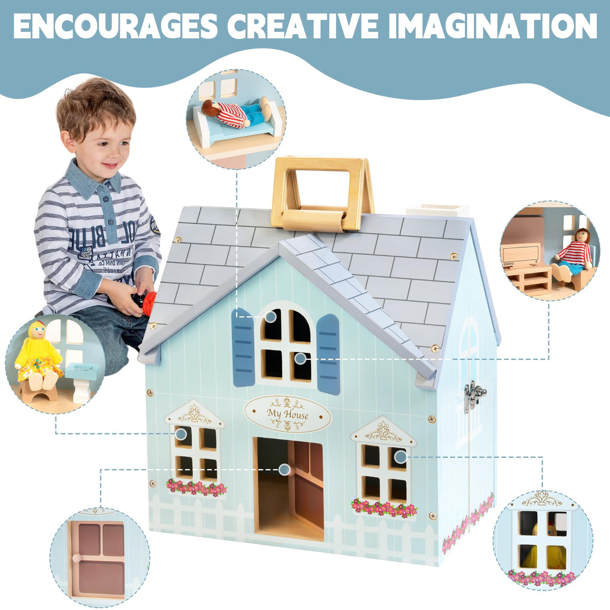 WOODMAM Foldable Wooden Dollhouse with Furniture, Dolls & Pet Set