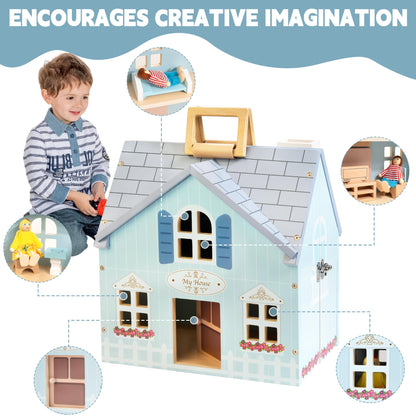WOODMAM Foldable Wooden Dollhouse with Furniture, Dolls & Pet Set
