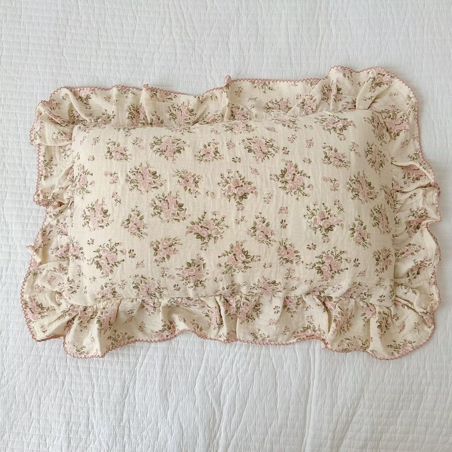BuLuTu Cotton Muslin King Pillow Case, Chic Shabby Pink Floral Print Pillowcase for Teens Adults