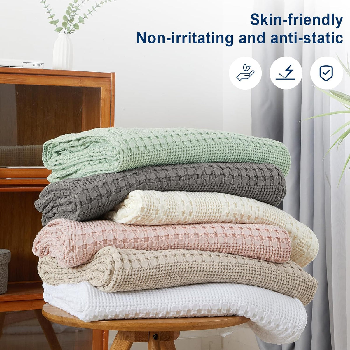 PHF 100% Cotton Waffle Weave Blanket King Size, Soft Lightweight Breathable Cozy Summer Blankets