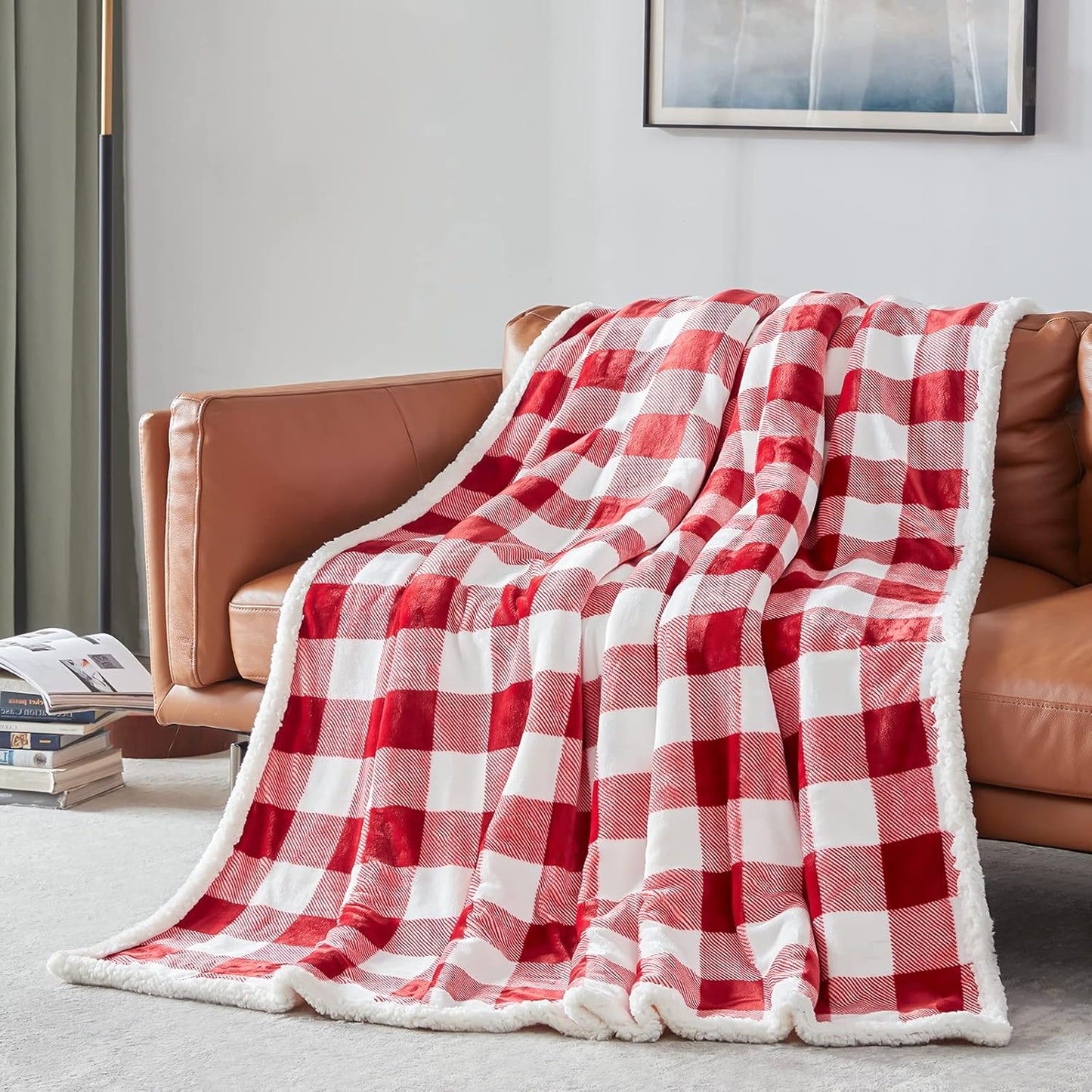 Touchat Sherpa Red and White Buffalo Plaid Christmas Twin Blanket 60" X 70", Fuzzy Fluffy Soft Cozy