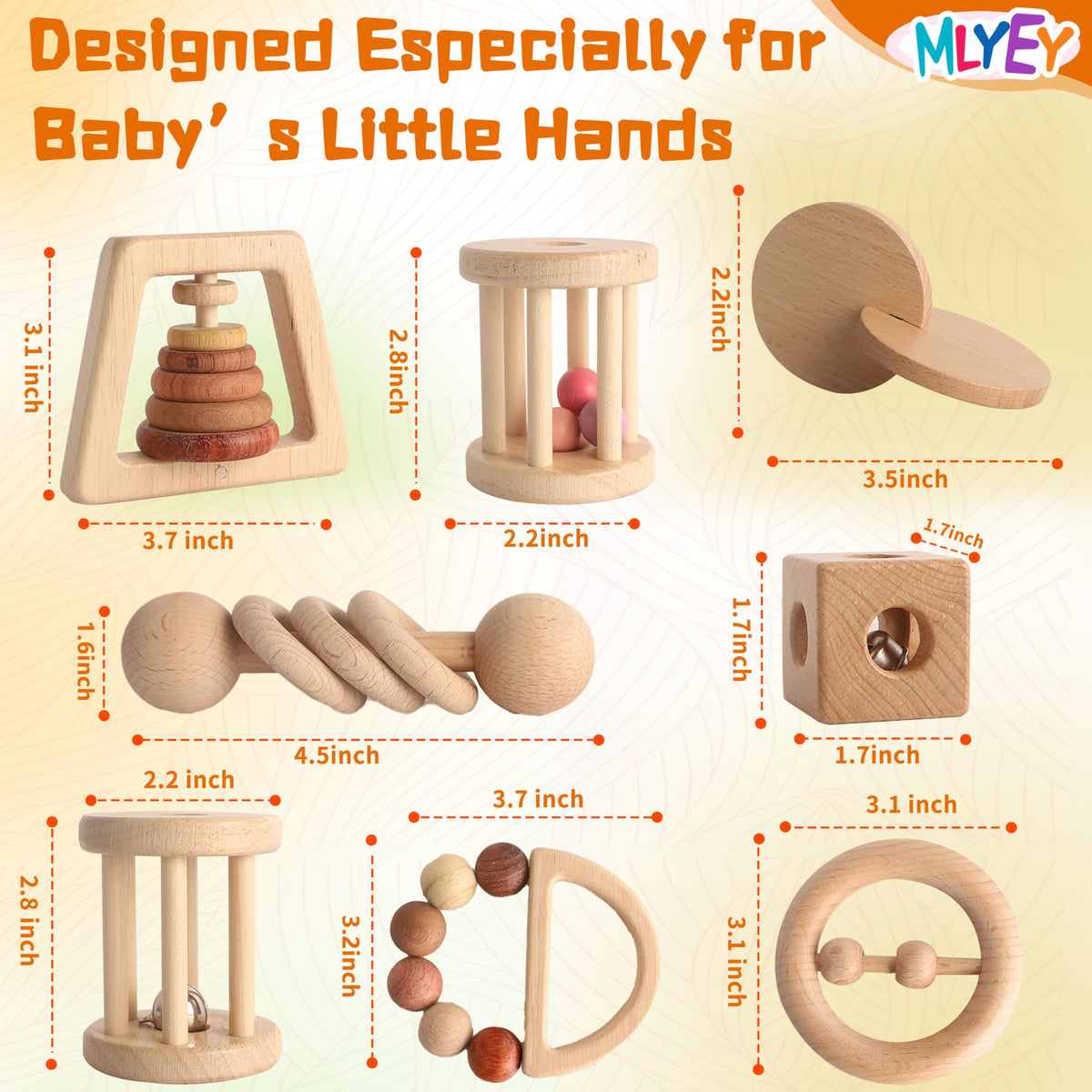 Wooden Baby Toy 8pcs, Montessori Toys for Babies 1-3 Years Old, Wooden Rattles Toy Set for Infant