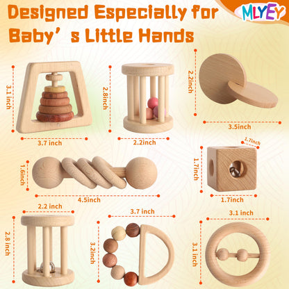 Wooden Baby Toy 8pcs, Montessori Toys for Babies 1-3 Years Old, Wooden Rattles Toy Set for Infant