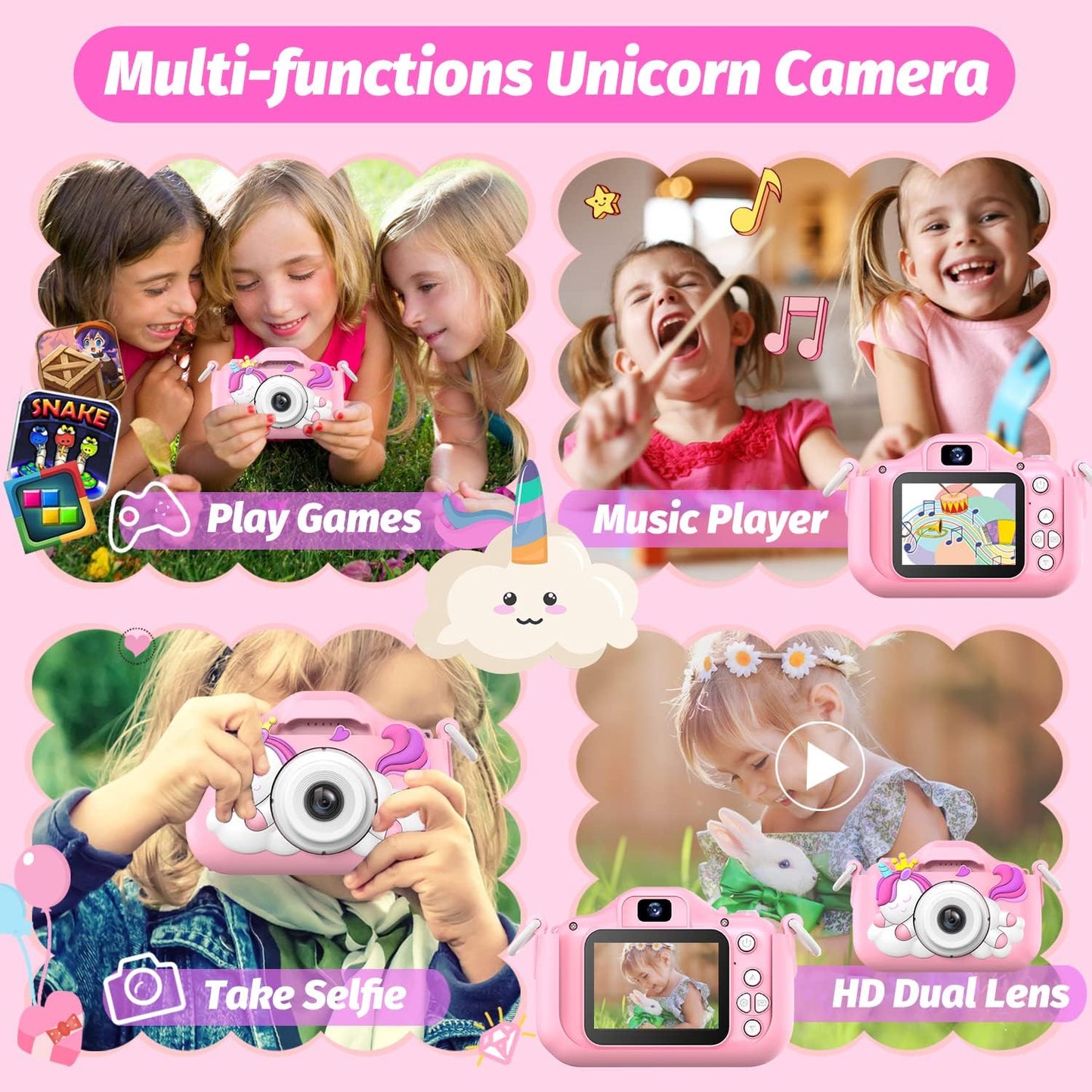 Upgrade Unicorn Kids Camera, Christmas Birthday Gifts for Girls Boys Age 3-12, 1080P HD Selfie