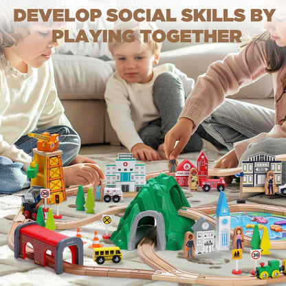 SainSmart Jr. 112-Piece Wooden Train Set for Toddler – Double-Sided Train Tracks, Compatible with