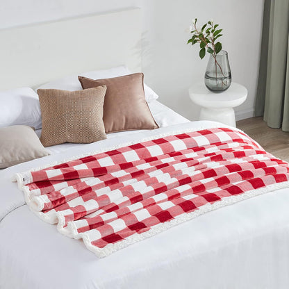 Touchat Sherpa Red and White Buffalo Plaid Christmas Twin Blanket 60" X 70", Fuzzy Fluffy Soft Cozy