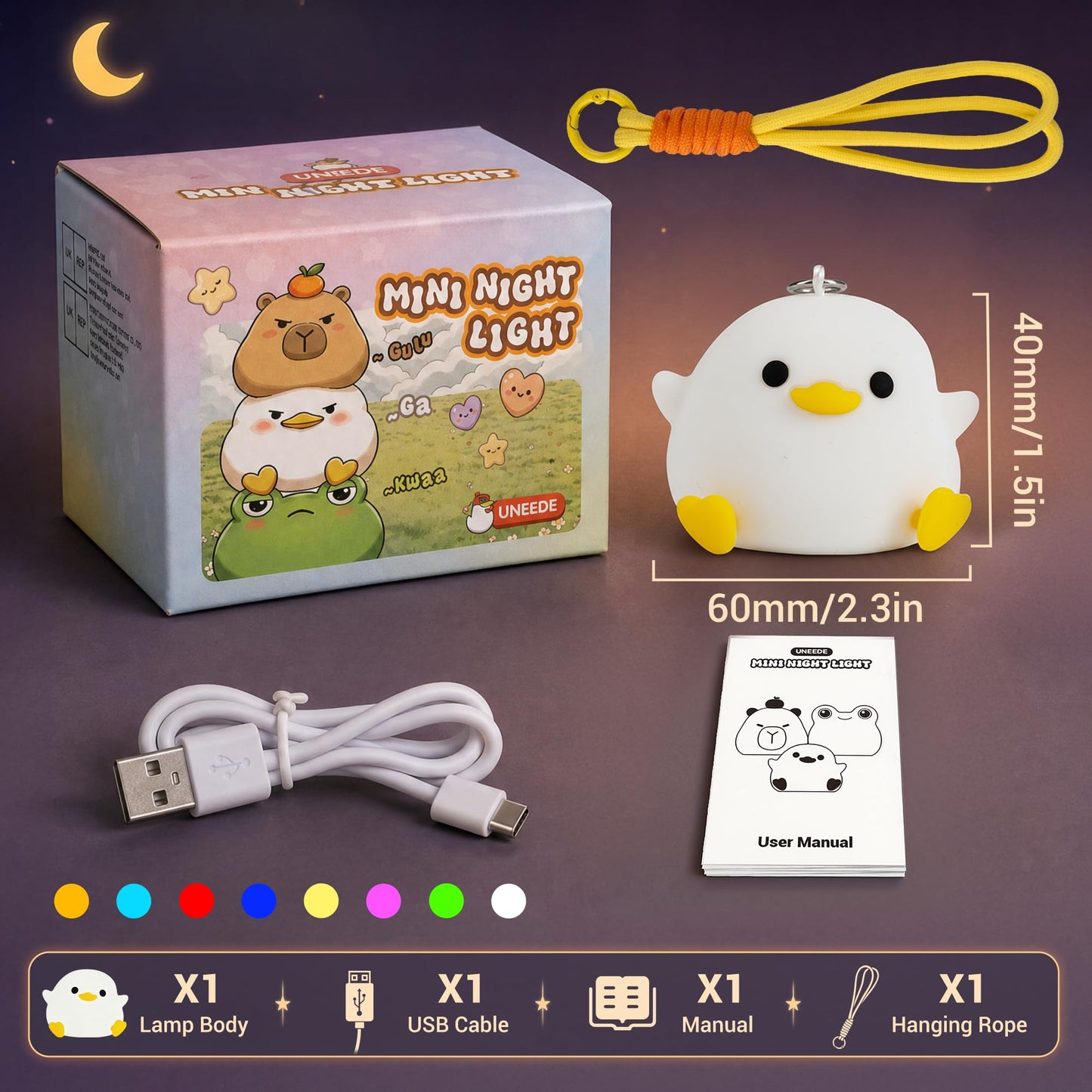 UNEEDE Mini Duck Night Light with Lanyard, 8 Color Changing Rechargeable