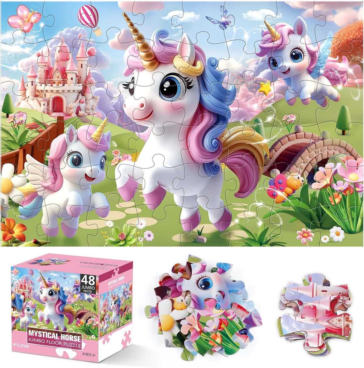 Jumbo Floor Puzzle for Kids,48 Piece Unicorn Large Jigsaw Puzzles,Puzzle for Toddler Ages 3-5,Fun