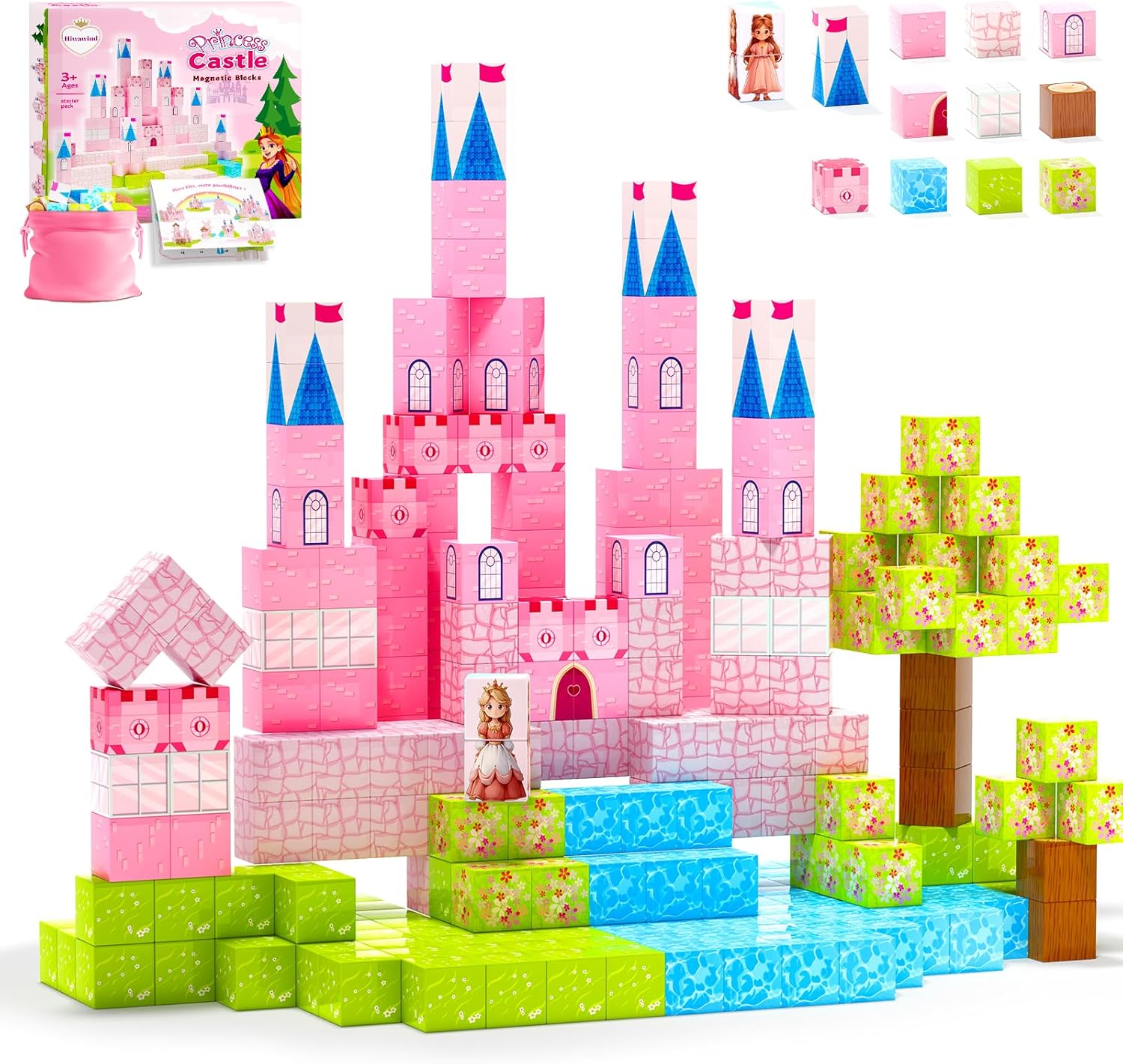 64 Pcs Magnetic Blocks-Princess Castle Collection World,Magnetic Building Blocks for 3+ Year Old