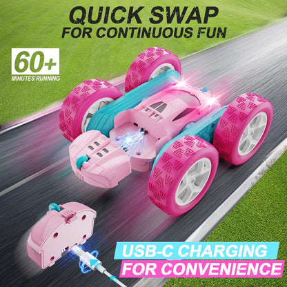 RC Cars, Pink Remote Control Car for Girls, 2.4 GHZ Double Sided RC Stunt Car 360° Rotating Remote