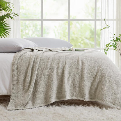 CYMULA Knit Throw Blanket for Couch Light Grey - Super Soft Lightweight Plush Fuzzy Fluffy Warm