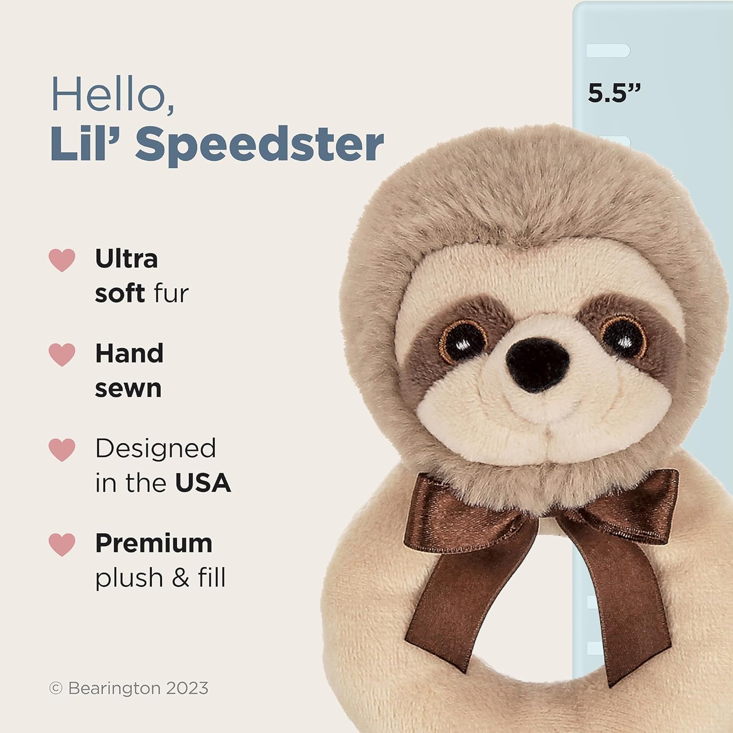 Bearington Baby Lil’ Speedster - 5.5 Inch Sloth Plush Stuffed Animal Soft Ring Rattle, Sloth Baby