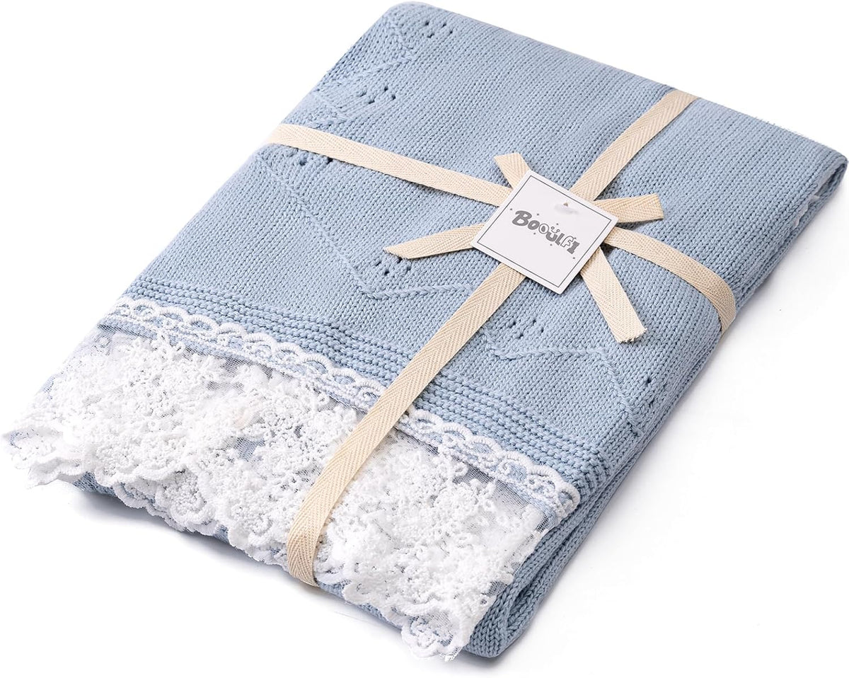 Booulfi Baby Blankets Neutral Knitted Blue Cotton Blue Baby Blanket Stroller Lace Border Crochet