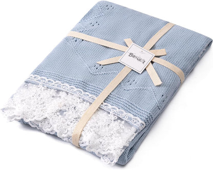 Booulfi Baby Blankets Neutral Knitted Blue Cotton Blue Baby Blanket Stroller Lace Border Crochet
