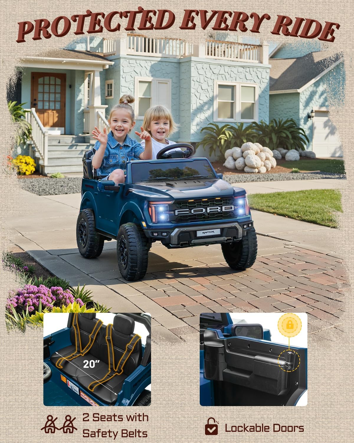 Licensed Ford F-150 Raptor 2 Seater Ride on Car for Kids, 24 Volt Ride on Toys for Boys w/Remote