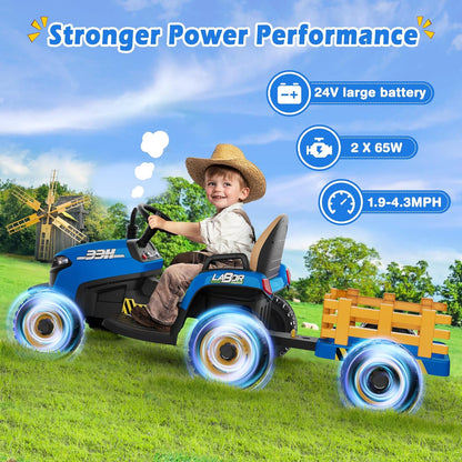 24V Ride On Tractor w/Tiltable & Detachable Trailer, 2x65W Motors, EVA Tires, Remote Control