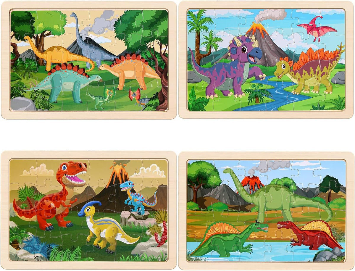 Wooden Puzzles Dinosaur Toys for Kids Ages 3-5, Set of 4 Packs with 20-Piece Wood Jigsaw Puzzles