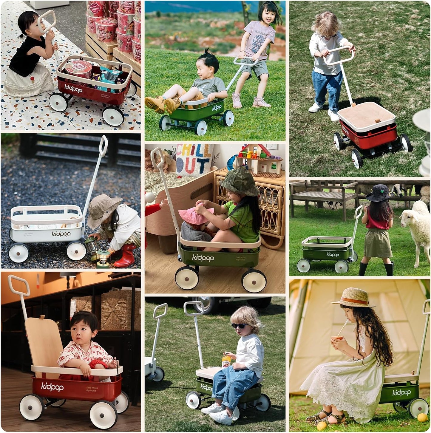 kidpop PULA-Wild 3-in-1 Kids' Pull-Along Wagon Toddlers Push Walker for 2.5-8, Removable Wooden