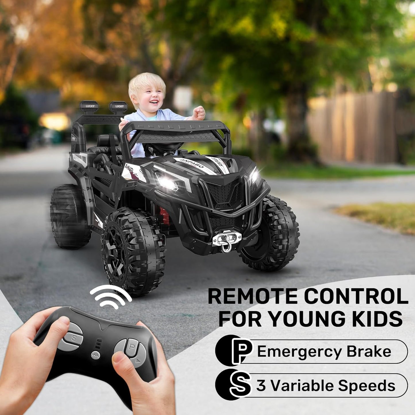ANPABO 24V 4X4 Ride on Car Truck w/Remote Control, 4WD/2WD Switchable Kids UTV, 19" Spacious Seat